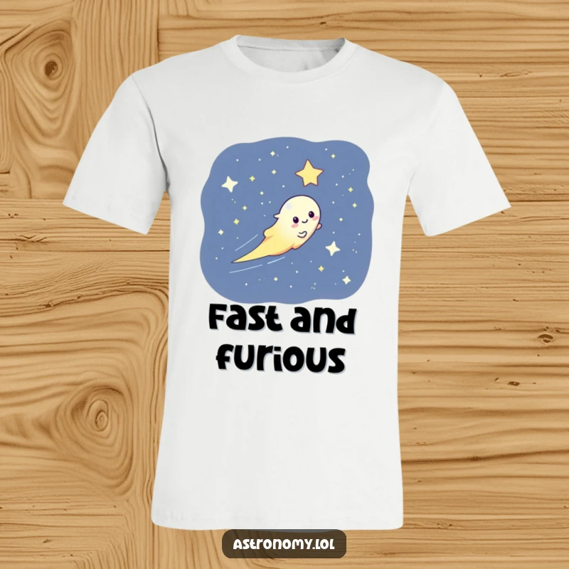 Funny t-shirt depicting a playful comet character streaking dynamically across a vast, star-filled night sky.