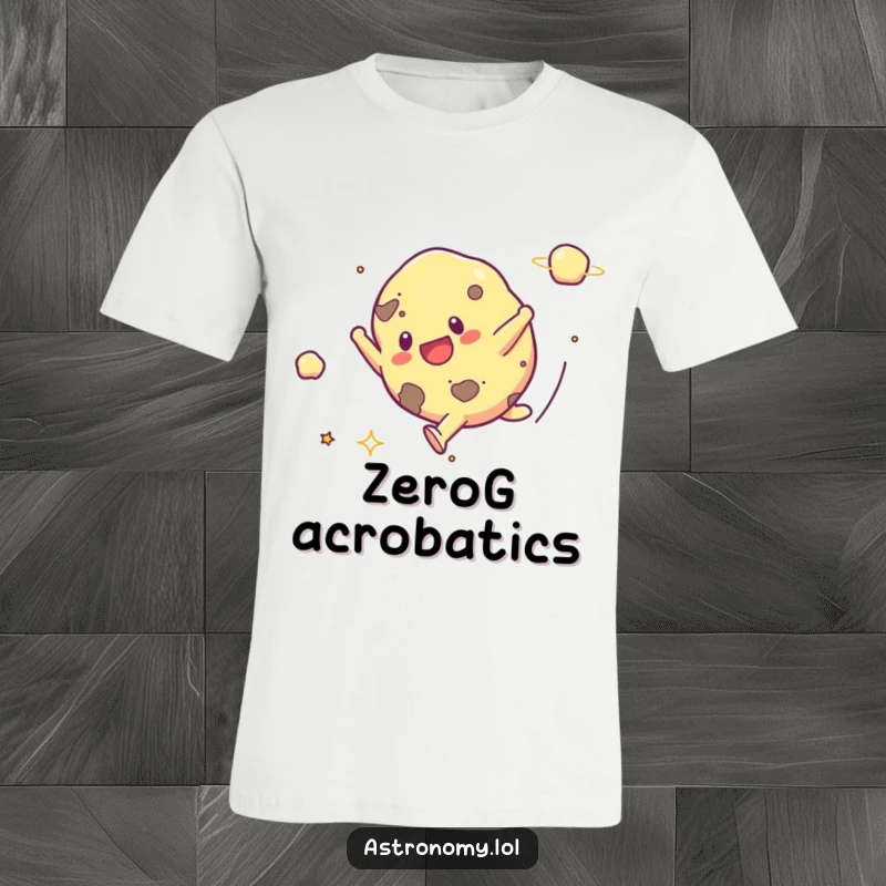 Funny t-shirt featuring a joyful asteroid in mid-cartwheel, soaring through a starry galaxy, radiating boundless energy and playful space vibes.