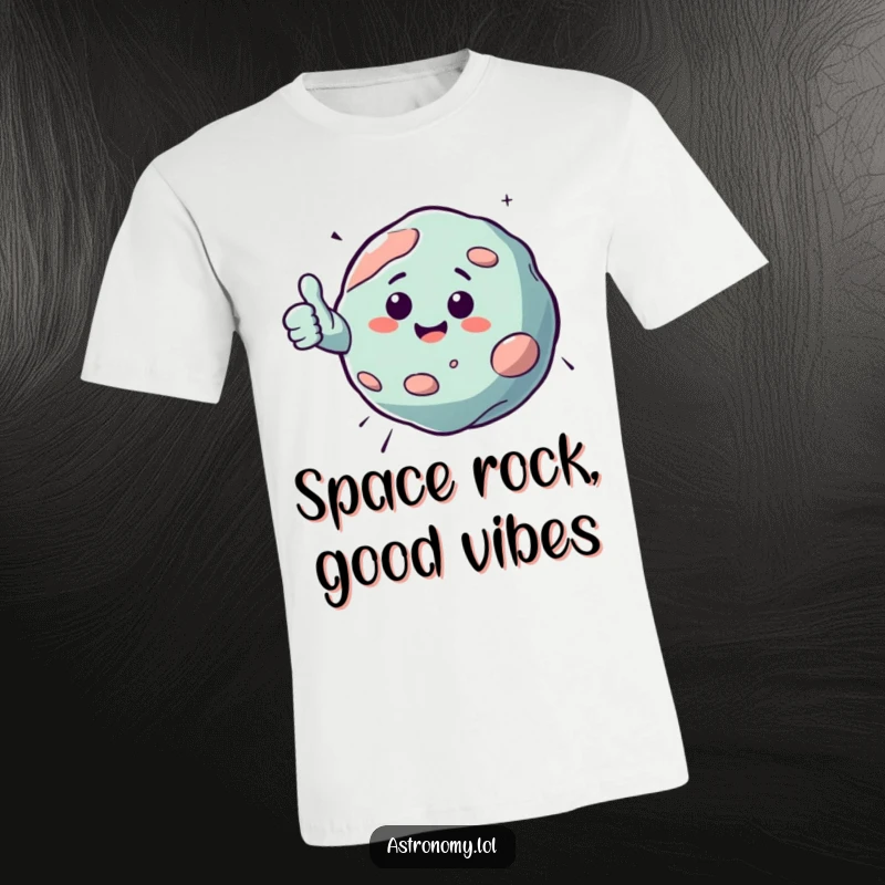 Funny t-shirt depicting a bouncing asteroid character giving a happy thumbs up, perfect for space lovers with a sense of humor.
