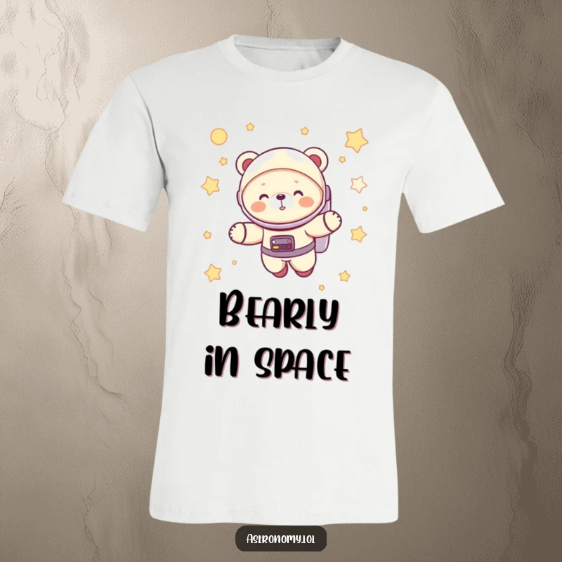 Funny astronaut bear cub giggling in a spacesuit, floating among stars, printed humorously on a comfortable t-shirt.