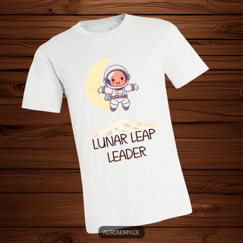 Funny t-shirt with a graphic of a happy astronaut performing a joyful bounce on the moon, embodying lunar adventure and cheer.