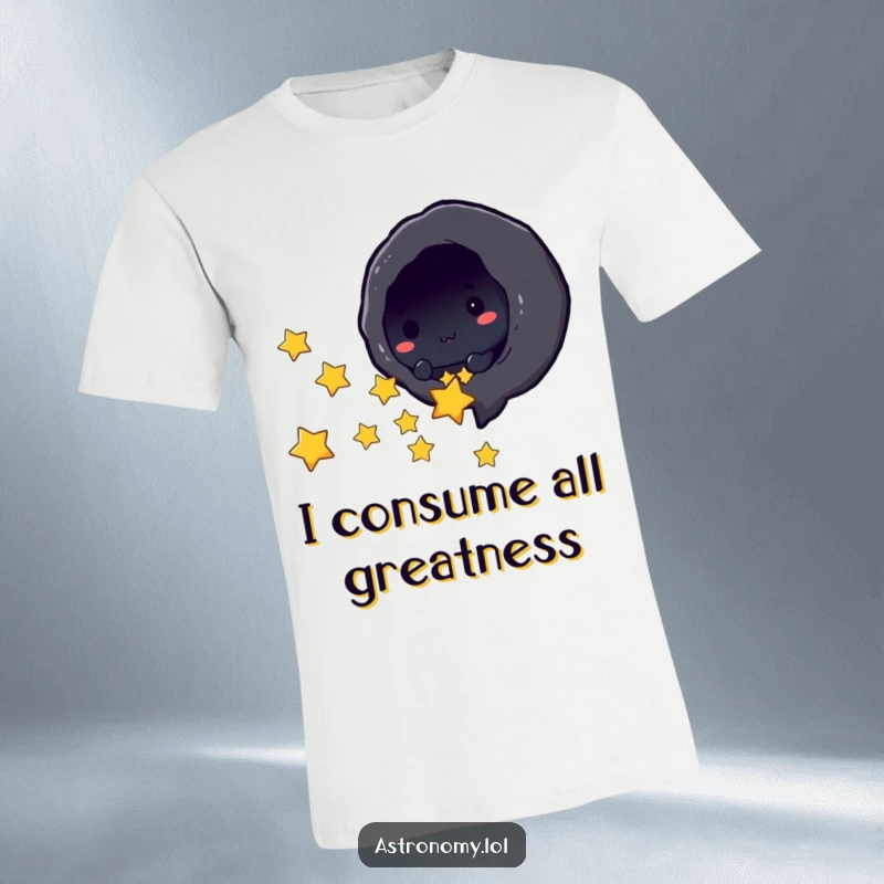 Funny black hole character playfully sucking in tiny stars on a comfortable t-shirt, perfect for space lovers.