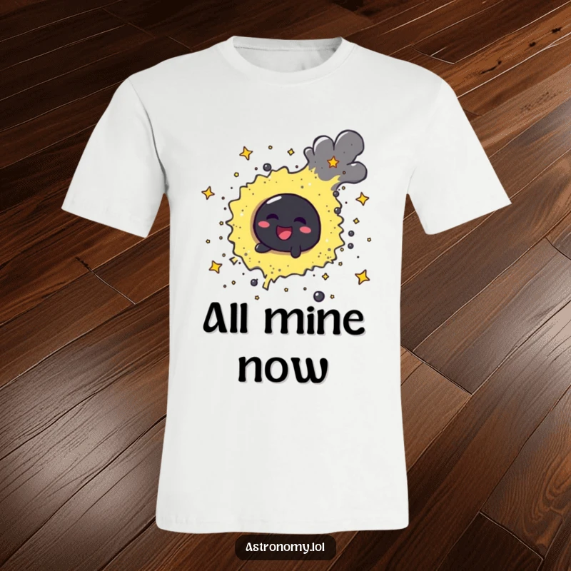 Funny cheerful black hole character playfully swirling cosmic stardust on a t-shirt, evoking wonder.