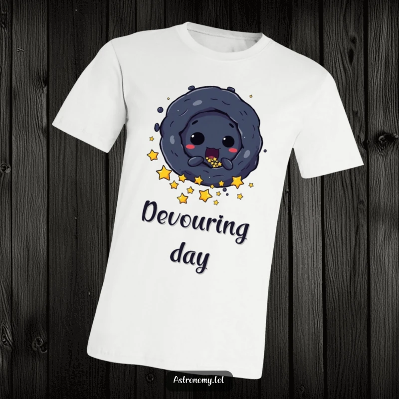 Funny T-Shirt: A Mischievous Black Hole Character Playfully Pulling in Tiny Stars, showcasing a humorous cosmic theme. Great for gifting.