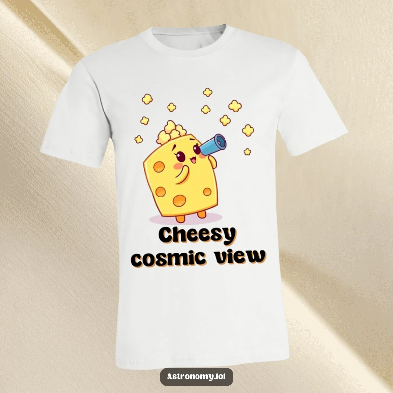 Funny t-shirt: A cheese cube peers through a telescope at popcorn stars, a humorous culinary exploration.
