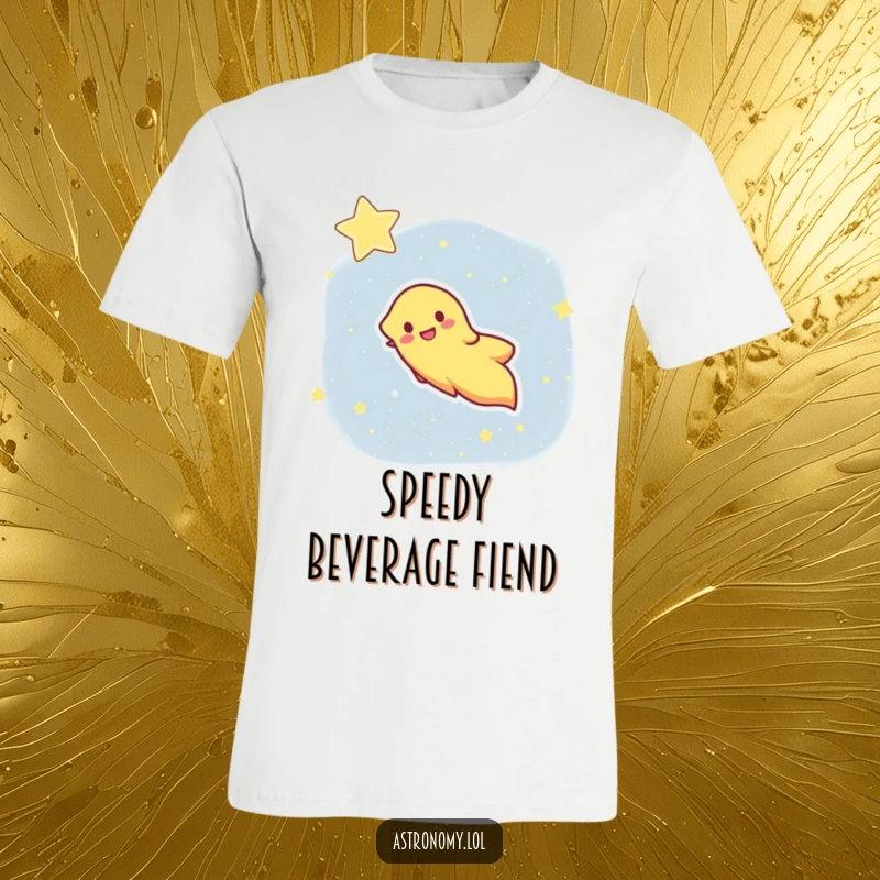 Funny t-shirt featuring a cheerful comet character with a bright, streaking tail across a starry sky, full of energy.