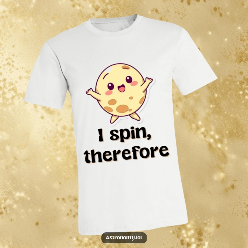 Funny t-shirt depicting a cheerful planet character in a dynamic dance spin, radiating pure joy and cosmic energy.