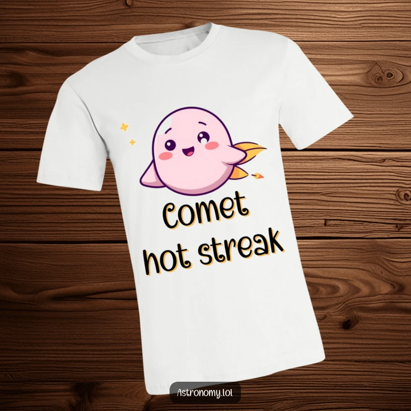Funny T-Shirt: A happy comet with a cheerful face zooms through space, exuding speed and friendliness.