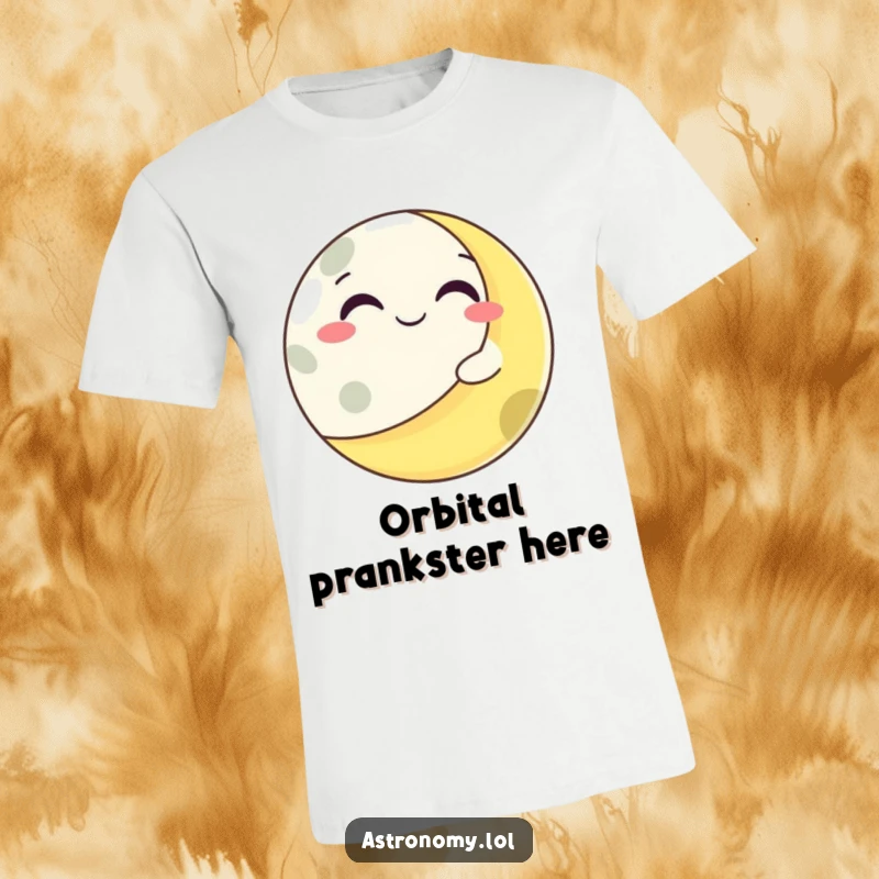 Funny grinning moon character slyly winking from behind a large, vibrant planet, creating a playful cosmic scene.