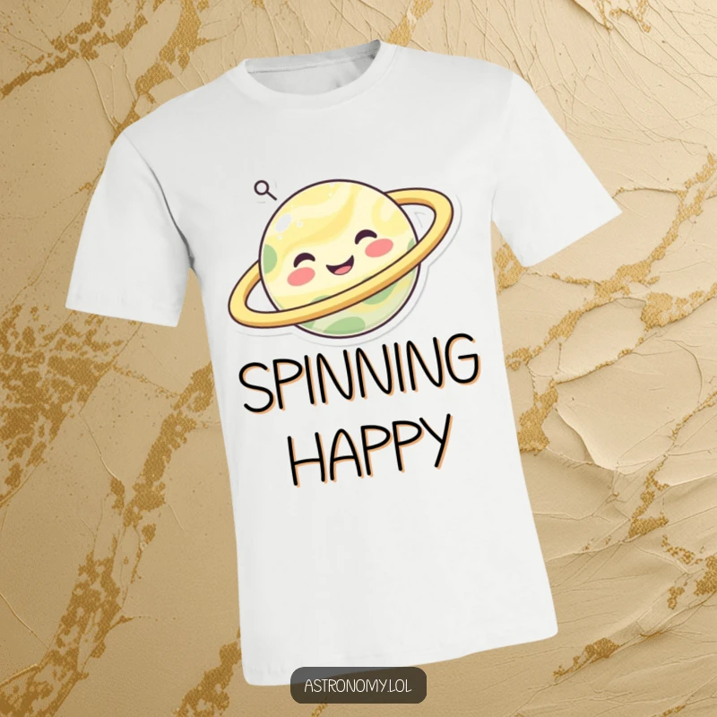 Funny happy planet character with a cheerful grin and spinning rings, printed on a humorous t-shirt.