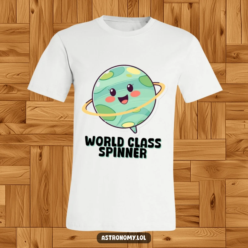 Funny t-shirt depicting a cheerful planet character spinning joyfully, embodying cosmic happiness and energetic delight.