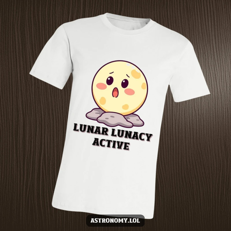 Funny moon t-shirt featuring a surprised lunar character with a crater mouth, designed to evoke amusement.