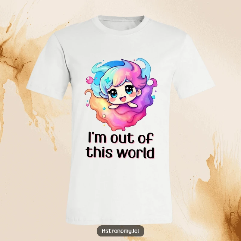 Funny nebula t-shirt featuring a delighted, swirling character in vivid colors, capturing the mesmerizing beauty of space.