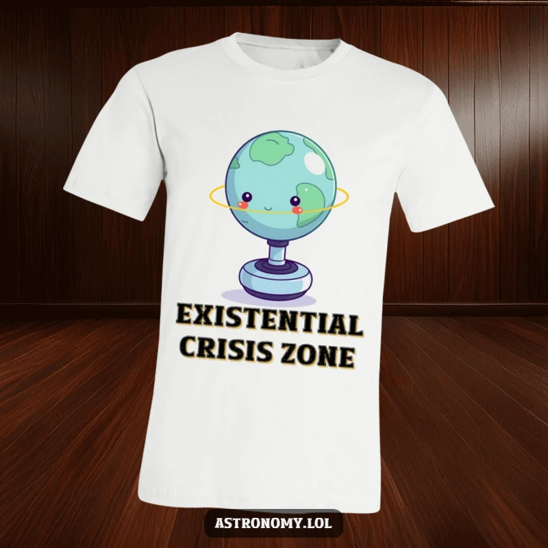 Funny t-shirt: A tiny planet teetering on a spinning fidget toy, a humorous depiction of cosmic struggle and stress.