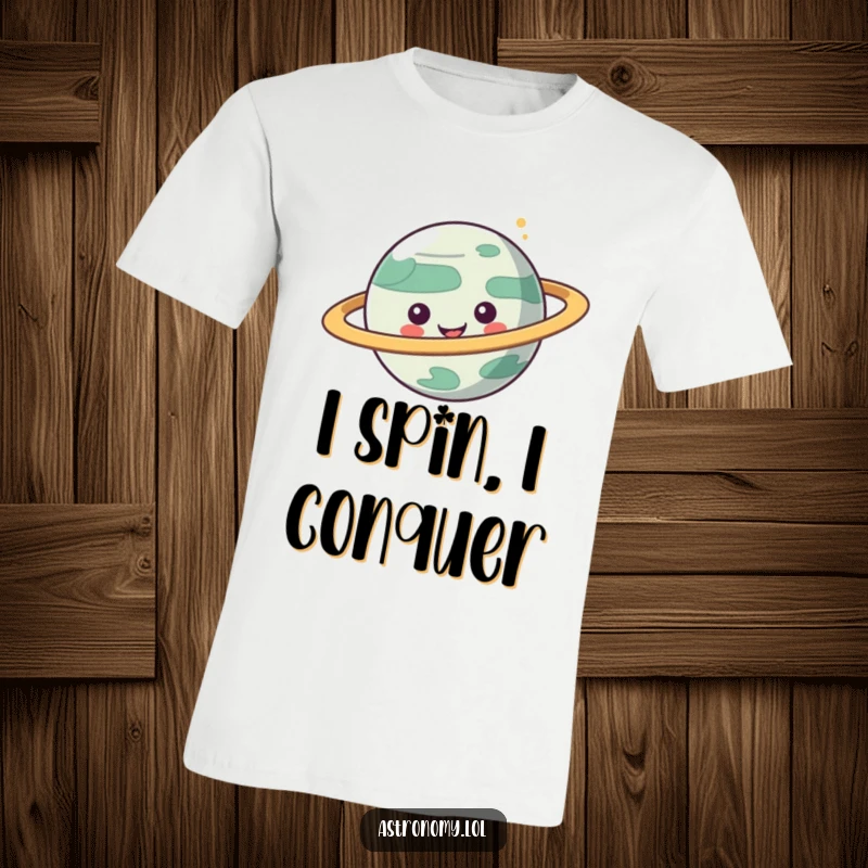 Funny t-shirt showcasing a cheerful planet character with vibrant spinning rings, a playful and humorous celestial design.