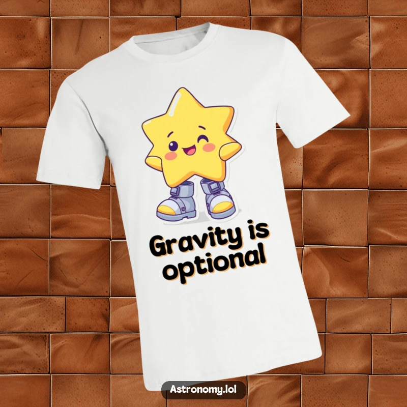 Funny star t-shirt featuring a cheerful character wearing oversized, wonky gravity boots, showcasing a uniquely humorous space style.
