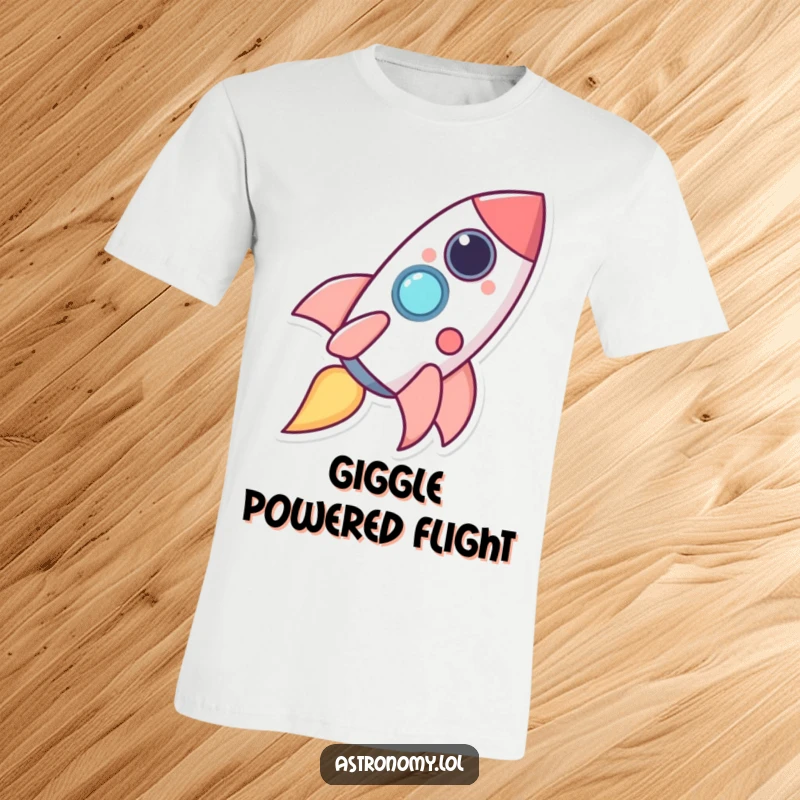 Funny happy rocket ship character brightly ascending through space, trailing delightful, sparkling giggles.