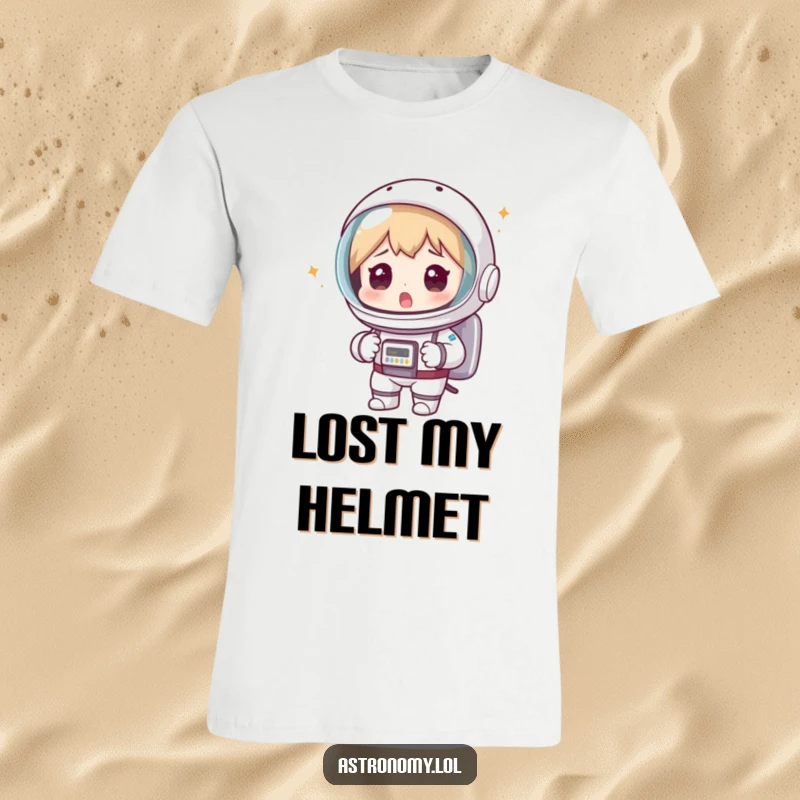 Funny astronaut t-shirt showing a surprised spaceman wearing a colander, a hilarious space mishap, perfect for laughs.