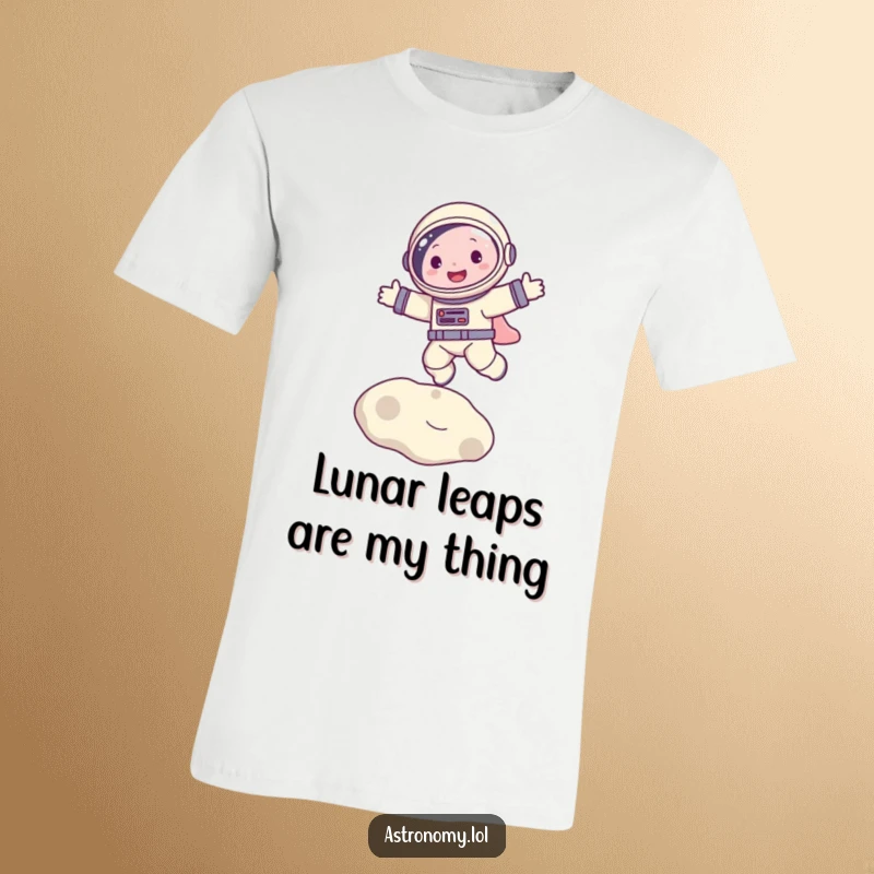 Funny t-shirt with a happy astronaut character energetically bouncing on the moon, showcasing a boundless sense of lunar joy.