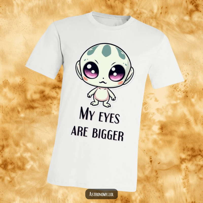 Funny t-shirt depicting a surprised alien with huge, wide eyes, embodying shock and extraterrestrial curiosity with a humorous touch.