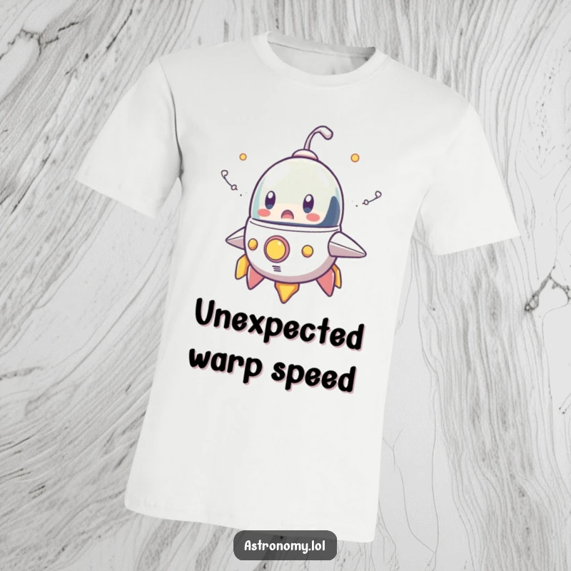 Funny T-shirt depicting a shocked spaceship character leaving behind comical, cartoon-like smoke trails, capturing a funny, unexpected journey.