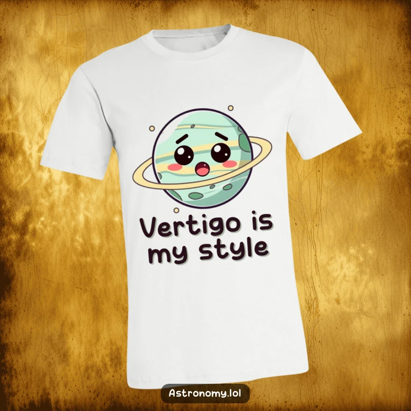 Funny planet t-shirt with a stylized character looking surprised while spinning, a humorous and unique clothing item.