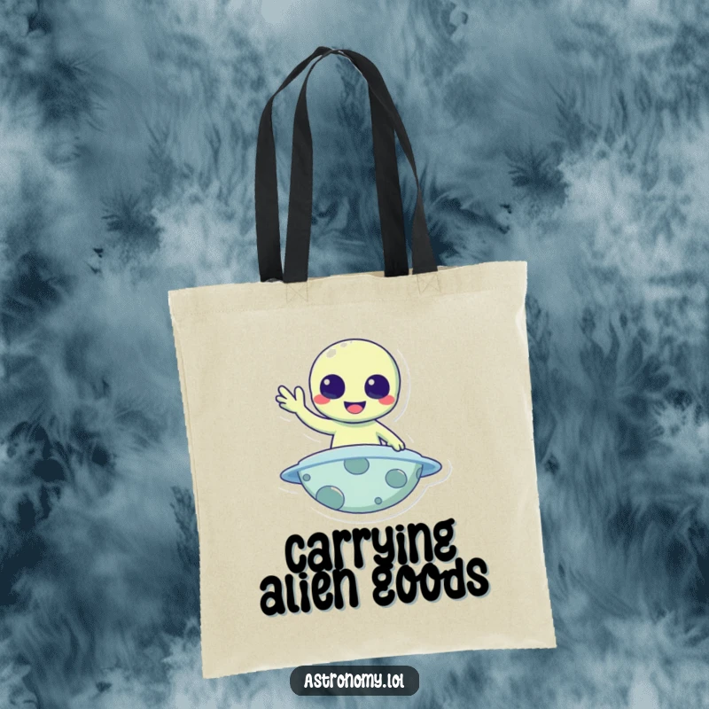 Funny Tote Bag: A cheerful alien waves hello from a planet, perfect for carrying daily necessities.