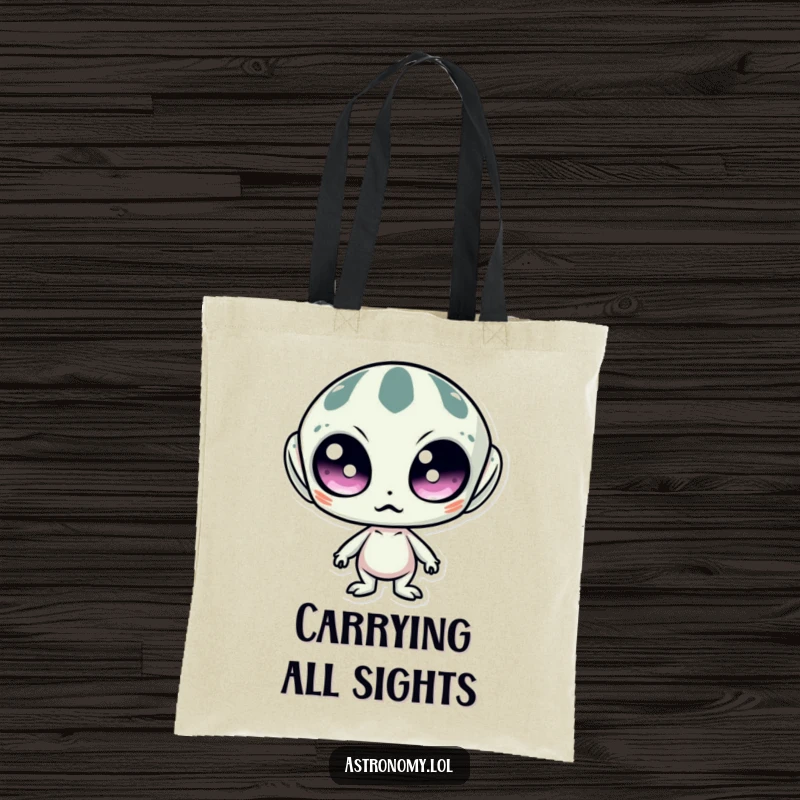 Funny tote bag with an image of a surprised alien with large, wide eyes, perfect for carrying items with a humorous, extraterrestrial theme.