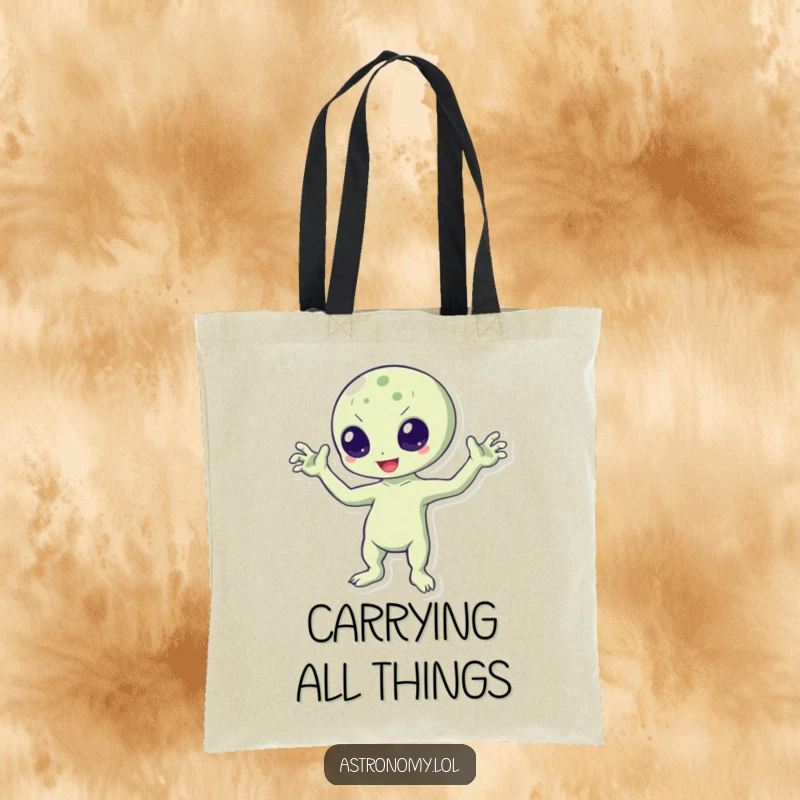 Funny tote bag showing a bouncing alien character waving enthusiastically with all three arms, a friendly companion for any outing.
