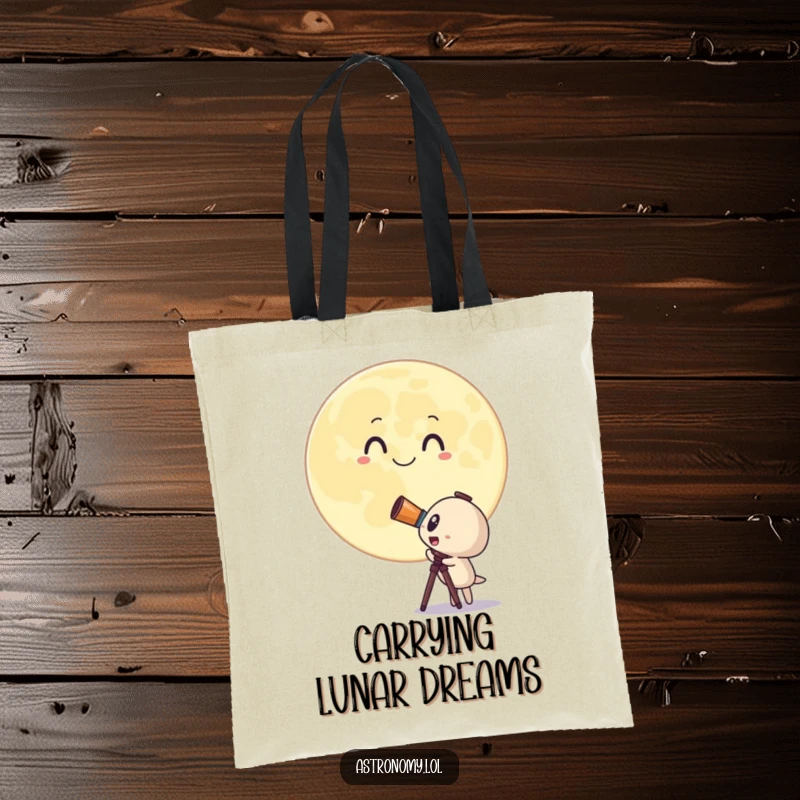 Funny tote bag with a surprised telescope character looking at a giant, smiling moon, perfect for carrying treasures. Handy gift.