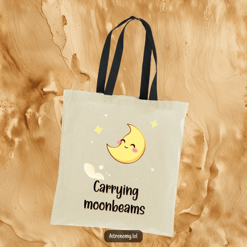 Funny tote bag featuring a giggling moon character winking from the sky, perfect for carrying daily items with lunar charm.