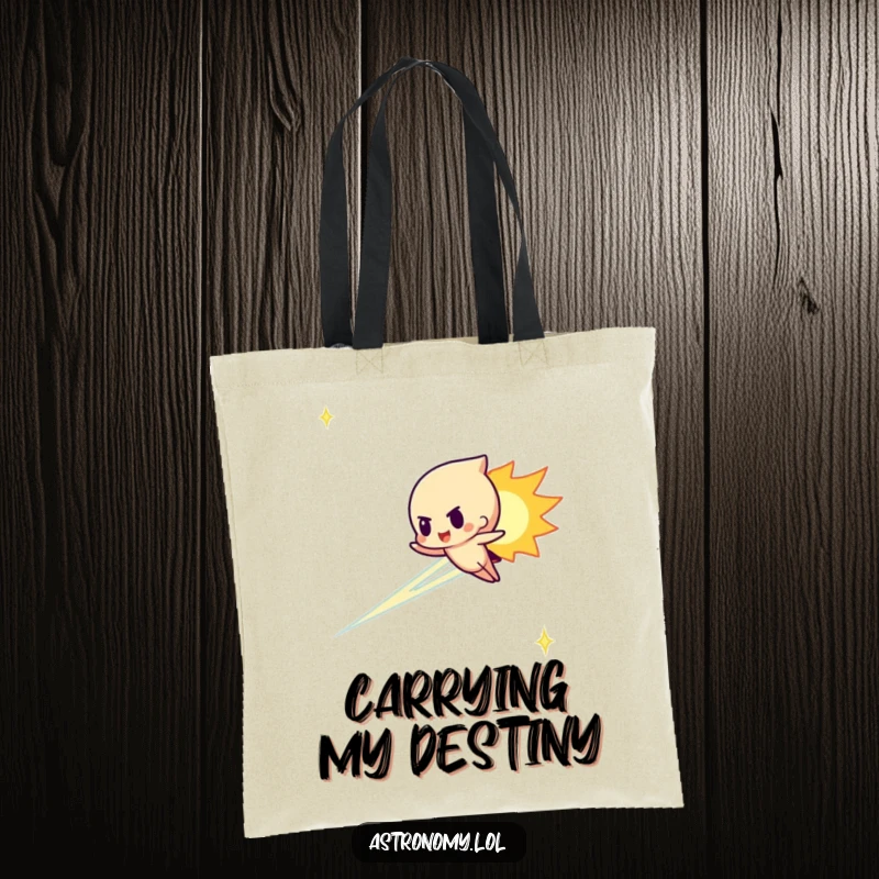 Funny meteor character streaking determinedly across the sky on a tote bag, a humorous and speedy accessory.