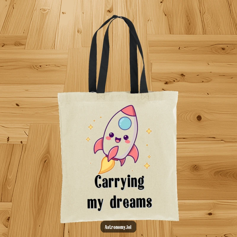Funny rocket ship tote bag depicting a happy character blasting off with a vibrant, celebratory trail.