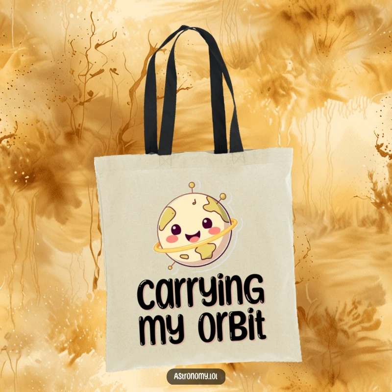Funny happy planet character depicted spinning happily on a durable tote bag, a symbol of constant motion.