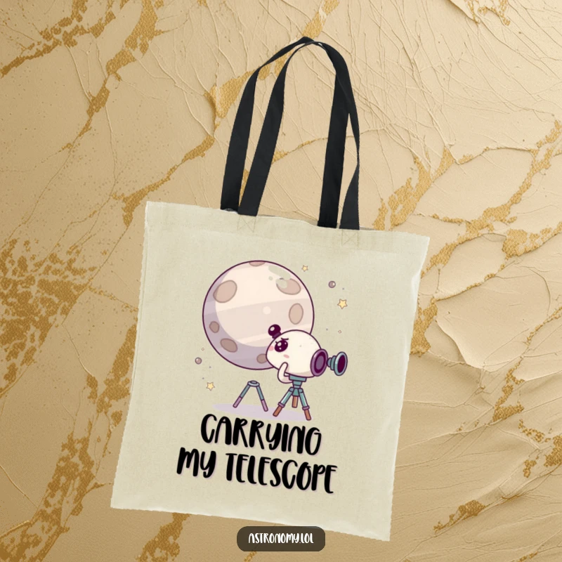 Funny tote bag showing a cute, surprised character looking through a telescope at a giggling planet, bringing humor to any outing.