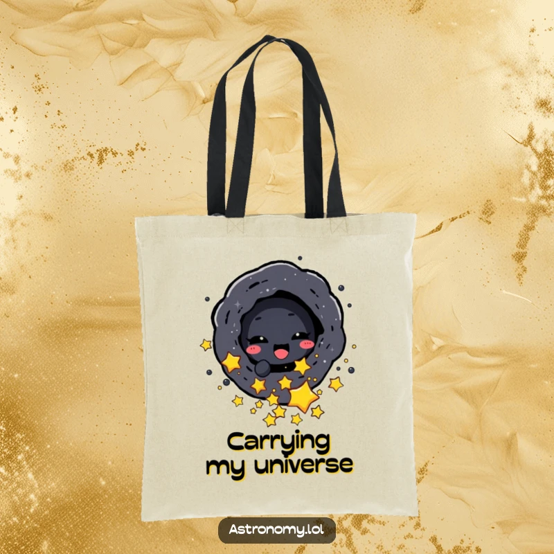 Funny tote bag depicting a black hole character playfully sucking in small stars, a stylish accessory for cosmic lovers.