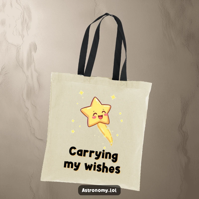 Funny tote bag featuring a joyful shooting star with a sparkly trail, perfect for carrying daily items with a touch of wonder.