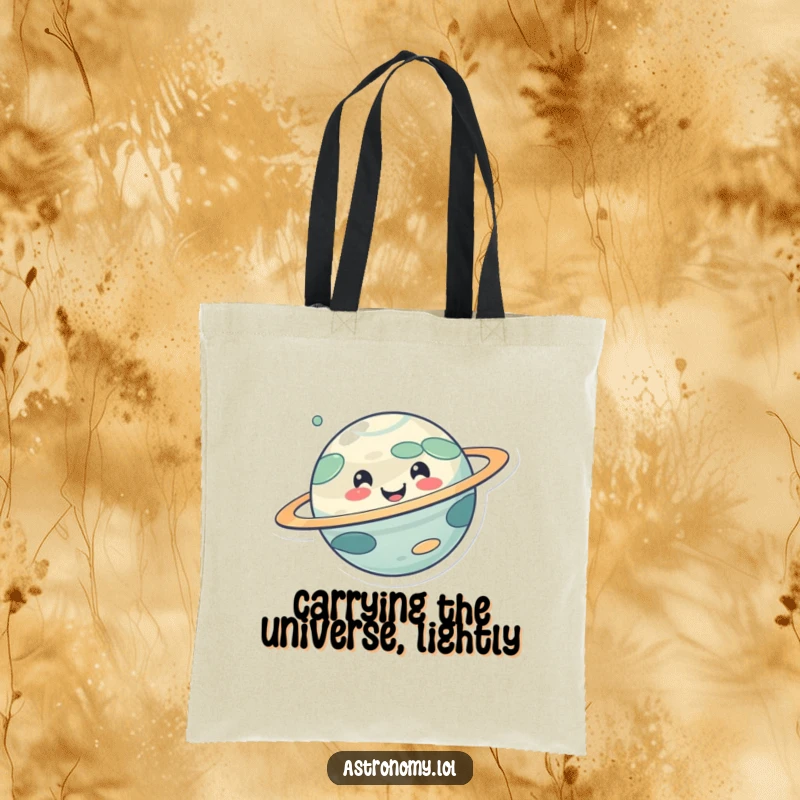 Funny tote bag showcasing a cute, smiling planet character spinning with glee, ideal for carrying daily necessities with humor.