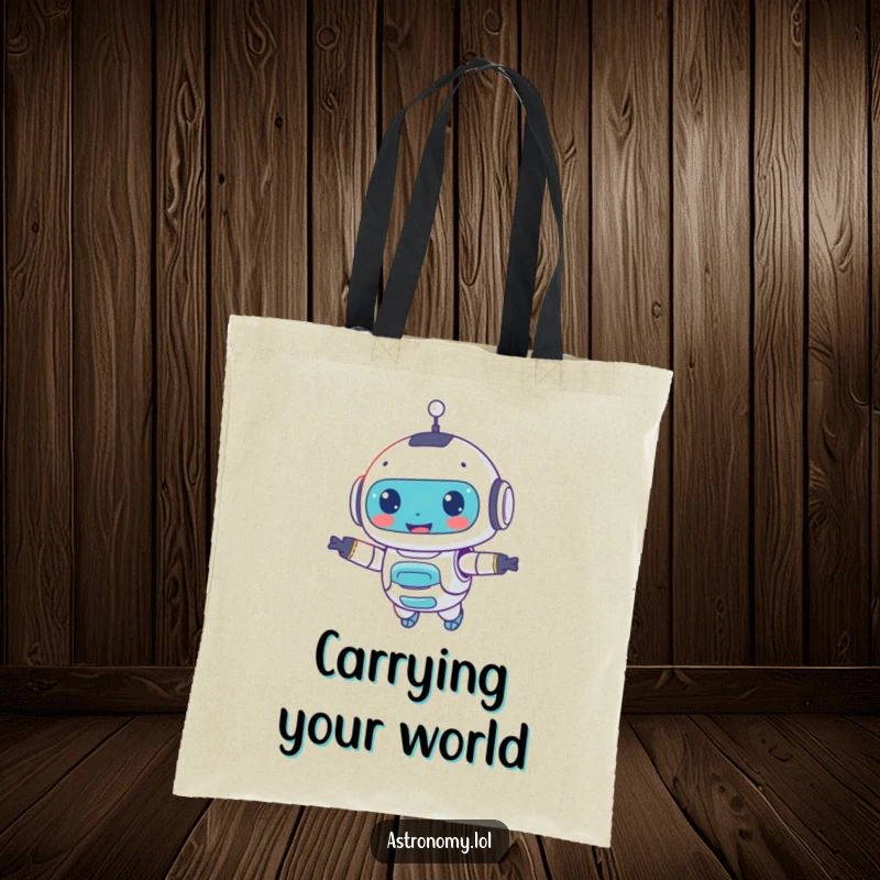 Funny tote bag featuring a smiling robot companion floating beside you, designed for practical use and cheerful expression.