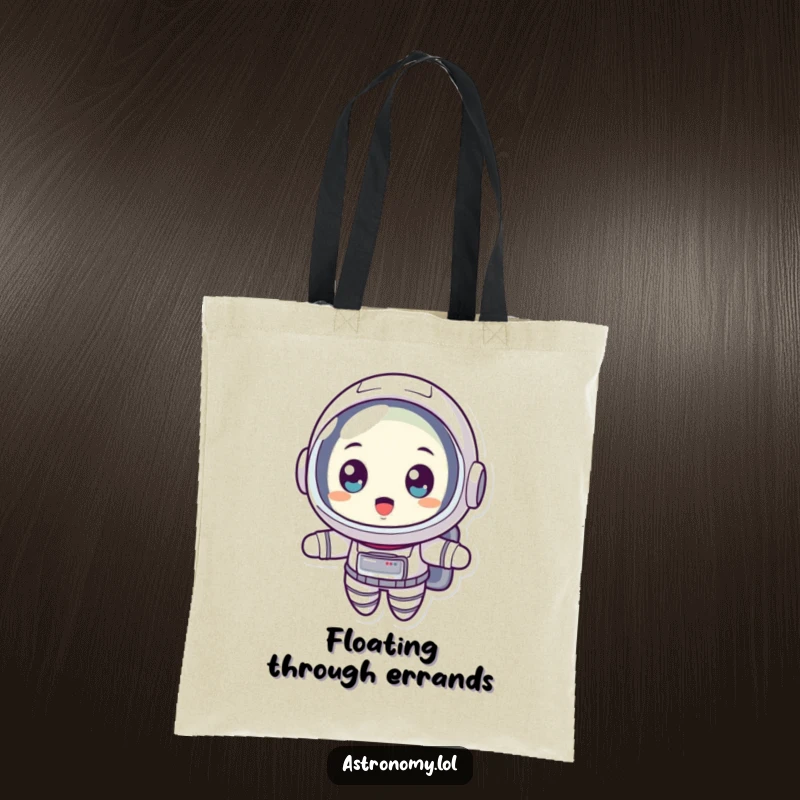 Funny tote bag featuring a surprised astronaut floating with wide eyes, perfect for carrying goods with a touch of cosmic shock.