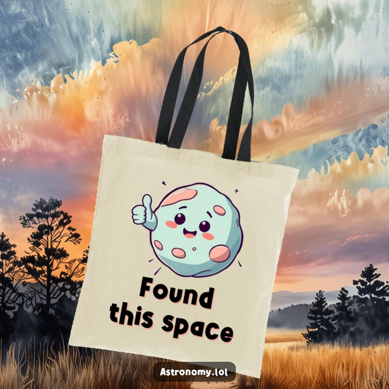 Funny tote bag featuring a bouncing asteroid character giving a cheerful thumbs up, ideal for carrying essentials with space-themed humor.