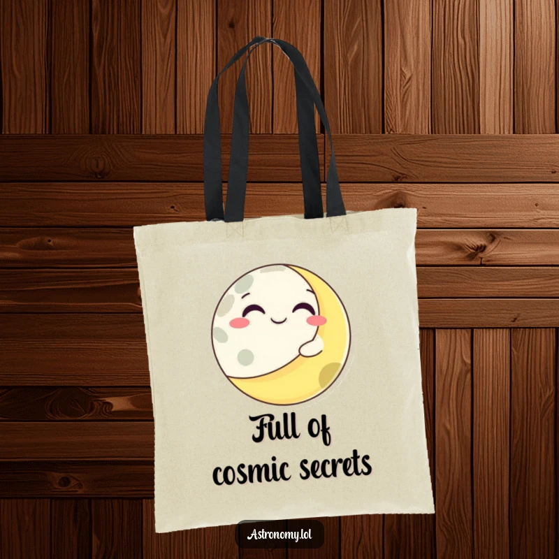 Funny grinning moon character mischievously winking from behind a swirling planet, adding a playful touch to this tote.