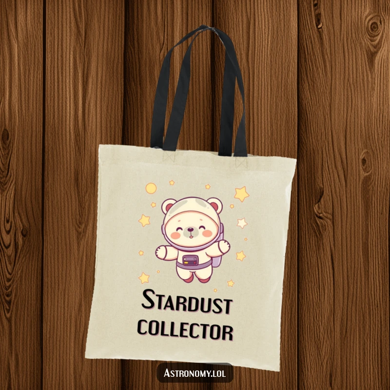 Funny astronaut bear cub giggling in a spacesuit, floating among stars, a durable and humorous tote bag for daily use.