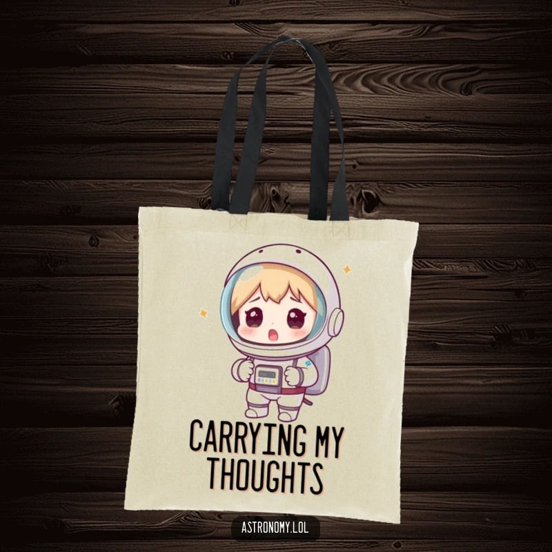 Funny astronaut tote bag showing a surprised spaceman wearing a colander helmet, a practical yet comical space exploration accessory.