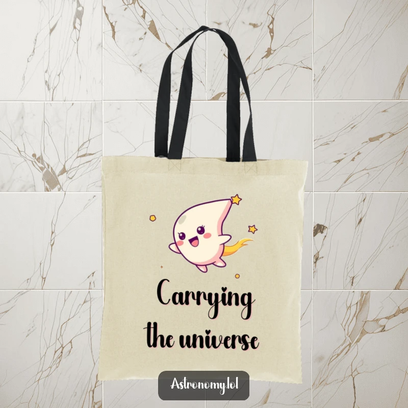 Funny tote bag featuring a happy comet character streaking joyfully through space, perfect for stylishly carrying your belongings with a touch of humor.