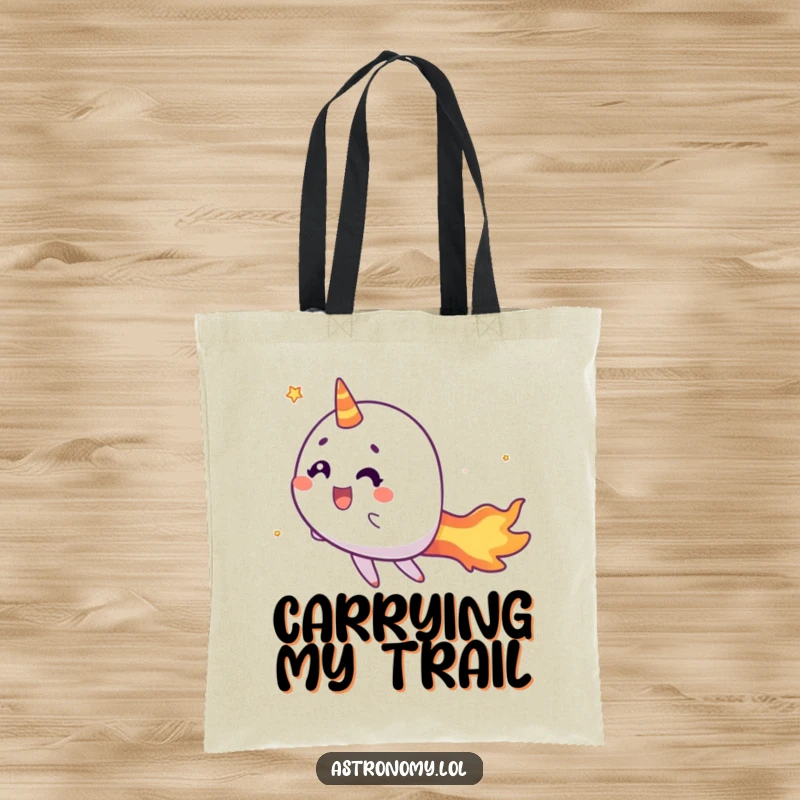 Funny comet tote bag with a cheerful character and fiery tail zipping by, a humorous and functional accessory.