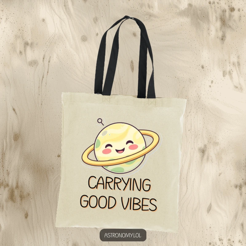 Funny happy planet character with joyful spinning rings, a humorous and practical tote bag.