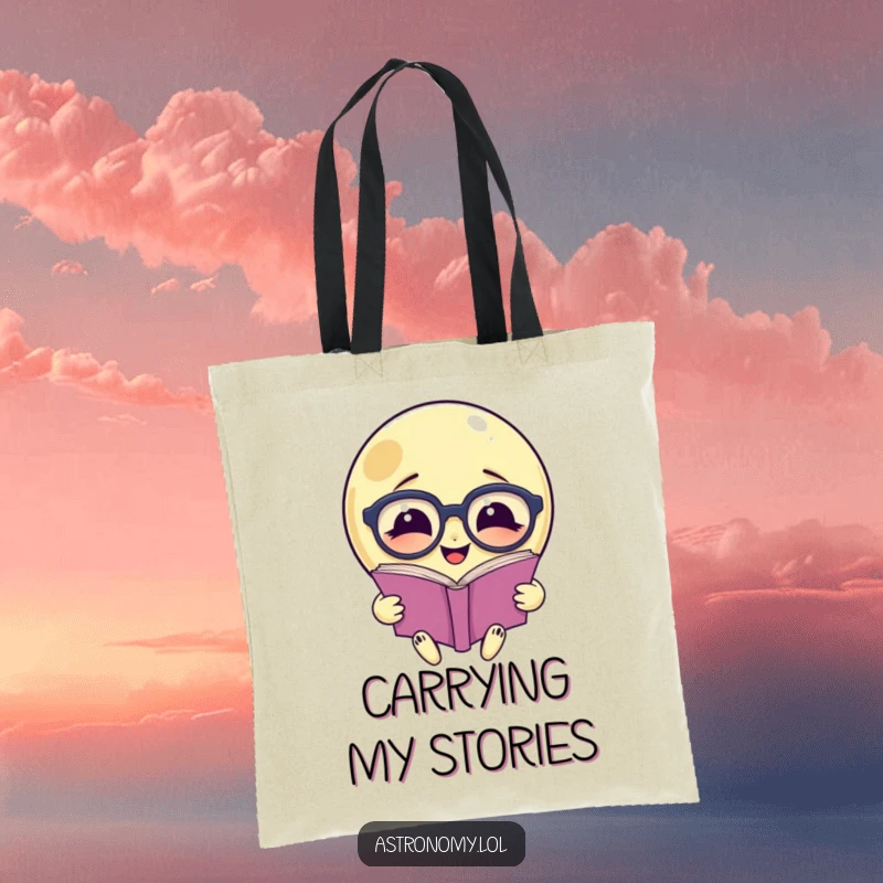 Funny tote bag: A smiling moon with glasses reads a book, a humorous accessory for bibliophiles.