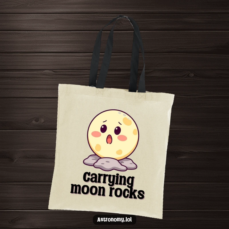 Funny moon tote bag depicting a surprised lunar character with a crater shaped like an open, astonished mouth.