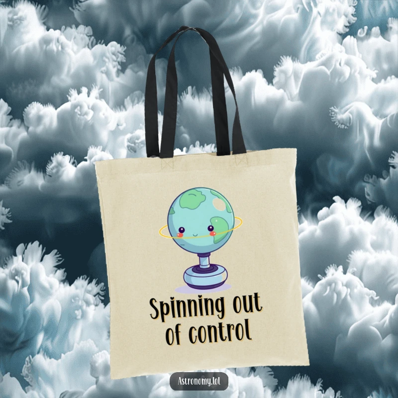 Funny tote bag: A small planet wobbling on a fidget spinner, showcasing a humorous and relatable struggle.